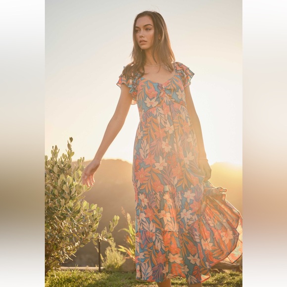 07 Boho Tiered Floral Print Midi Dress - Picture 3 of 5